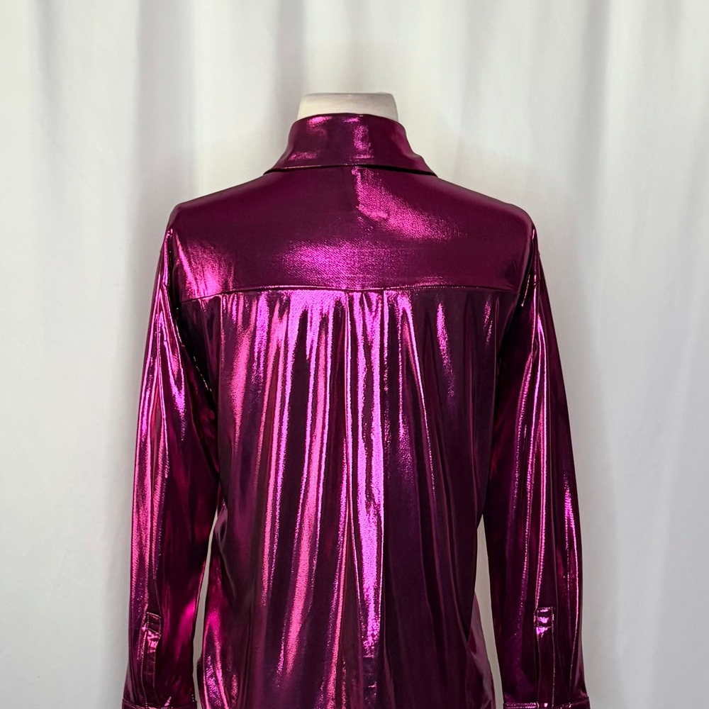 By ANTHROPOLOGIE Magenta Pink Shimmer Shine Lamé Buttondown Top Blouse X-Small - Picture 11 of 16